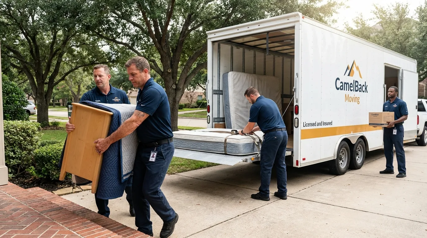 Crew loading residential truck for cross-state move from Blackwell, OK