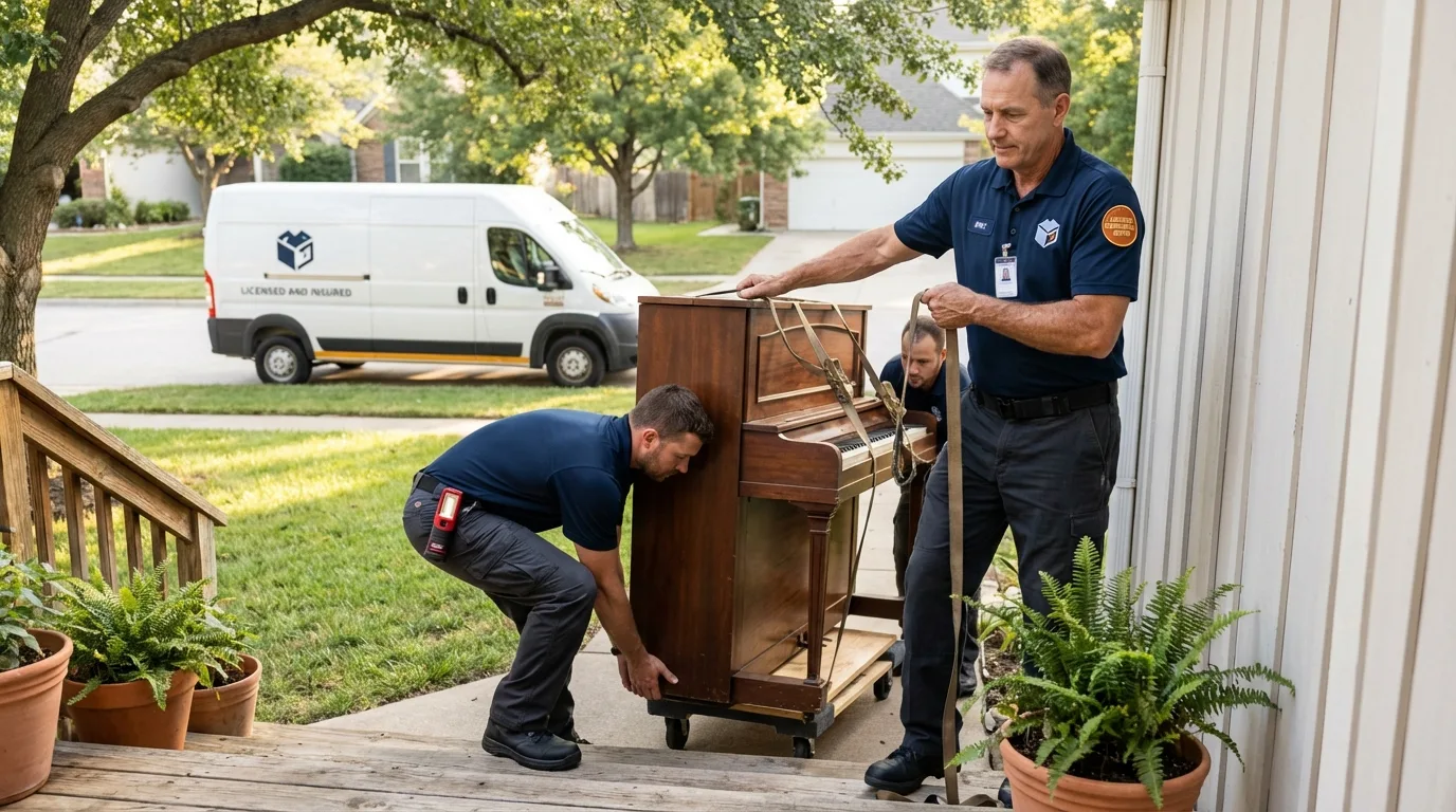 Licensed piano movers securing grand piano in Blackwell, OK
