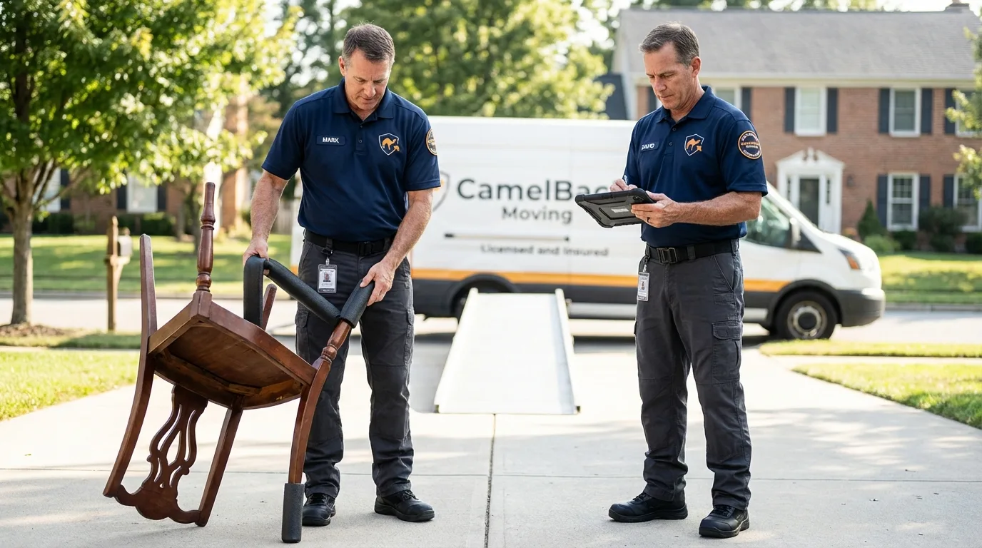 Movers inspecting furniture for damage prevention before loading in Blackwell, OK