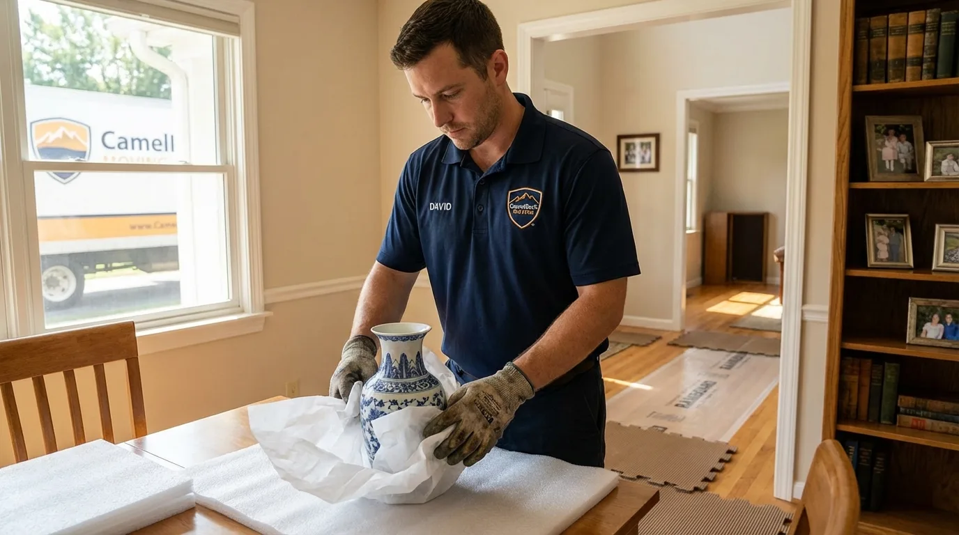 Professional crew carefully wrapping antique vase for senior downsizing move in Blackwell, OK